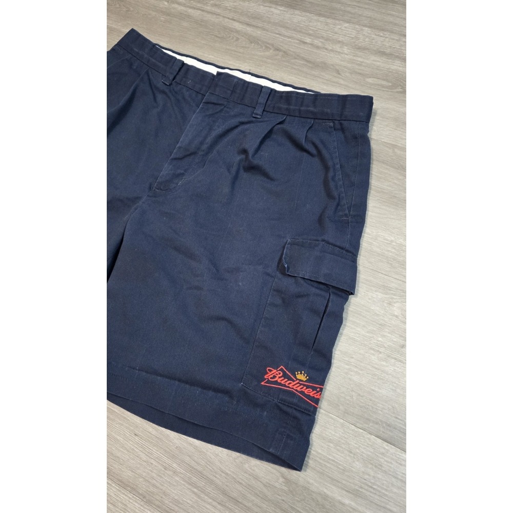 Riverside Budweiser Navy Solid Cargo Shorts Embroidered Pleated Pockets Size 36 - Picture 3 of 12